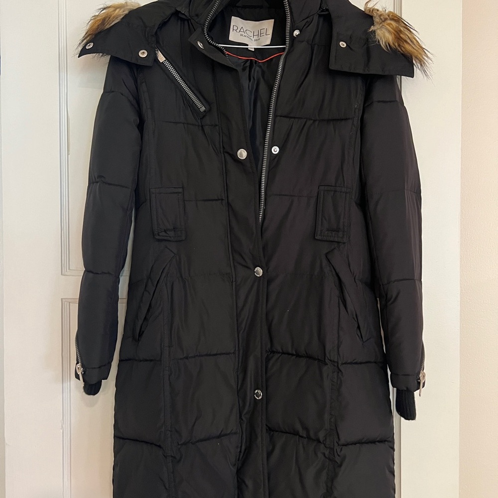 RACHEL Rachel Roy Black Puffer Coat with Faux Fur Trim